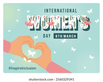 International Women's Day celebration banner with hearts and butterflies. Symbolizes unity, femininity, and joy. Women's History Month concept. Flat vector illustration.  