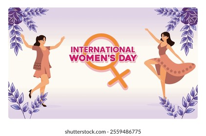 International Women's Day celebration with decorative elements. Two dancing women with gender symbols and floral patterns. Women's History Month concept. Flat vector illustration.