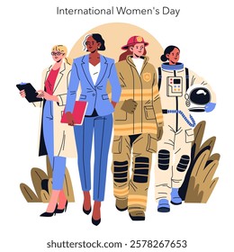 International Women's Day celebration. A diverse group of women representing various fields including science, business, firefighting, and space exploration. The illustration inspires empowerment and