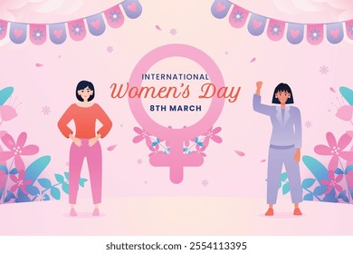 International Women's Day celebration with floral design and bunting. Perfect for social media posts, greeting cards, and event promotions.
