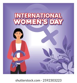  International Women's Day, a celebration of gender equality and empowerment, showcasing a woman holding a female symbol against a vibrant. Flat vector modern illustration 