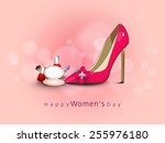 International Women's Day celebration with glossy ladies shoe and cosmetic products on pink background.