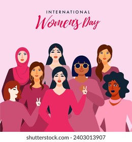 International Women's Day Celebration Greeting Card, Beautiful Young Women of Different Religion Together on Pastel Pink Background.