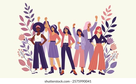 International Women's Day celebration illustration Empowered diverse women standing together with raised fists surrounded by floral elements promoting accelerate action depicted in modern flat stye