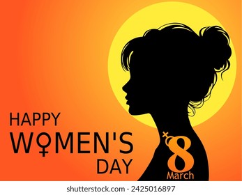 International Women's Day celebration on March 8, with the concept of a silhouette of a woman's face and a female symbol on a sunset background