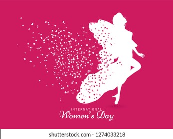 International Women's Day celebration poster or banner design with illustration of woman character on pink background.