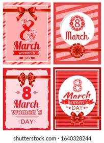 International womens day celebration, set of greeting cards in red color. Congratulations on spring holiday. 8 March congrats, postcard templates decorated with ribbon bows and stripes, vector