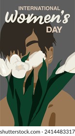 international Women's Day: A Celebration of Strength and Empowerment ,vector flat illustration, close-up view of a girl holding a bouquet of white tulips, greeting card for March 8