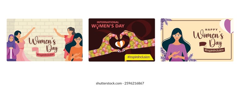 International Women's Day celebration. Symbolizes empowerment, unity, and inclusion. Inspirational text that emphasizes inclusion and happiness. Women's Day concept. Set flat vector illustration.