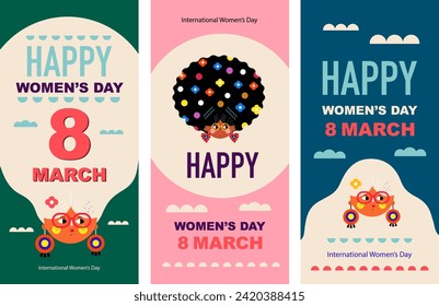 Día Internacional de la Mujer. Diseño de personajes para la VIII Marcha, Día de la Mujer. Conjunto de varios personajes femeninos. Colección vectorial colorida y colorida con rostros femeninos para vacaciones Día de la Mujer.