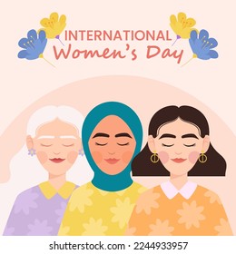 International Women's Day. Charming happy girls in flowers.  Colorful flat vector illustration for banner, card, postcard, invitation, flyer.