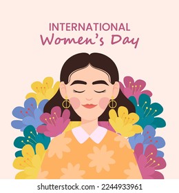 International Women's Day. Charming happy girls in flowers.  Colorful flat vector illustration for banner, card, postcard, invitation, flyer.