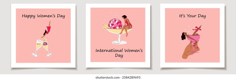 International Women's Day.  A Collection of Celebration Cards with Party Vibes. Women Posing and Enjoying Martini Glass Moments