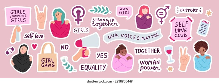 International women's day collection of trendy feminism stickers, woman and inspiration quotes for print