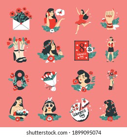 International womens day color set of isolated icons female characters images of flowers cards and gifts vector illustration