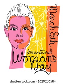 International Women's Day colorful retro design with beautiful fashionable woman in continuous line style. For banners, cards, posters. Vector illustration.