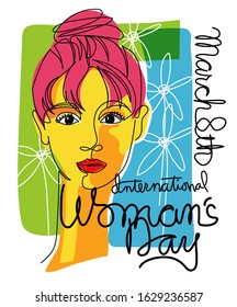 International Women's Day colorful retro design with beautiful fashionable woman in continuous line style. For banners, cards, posters. Vector illustration.