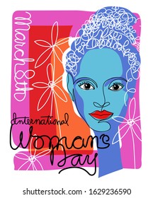 International Women's Day colorful retro design with beautiful fashionable woman in continuous line style. For banners, cards, posters. Vector illustration.