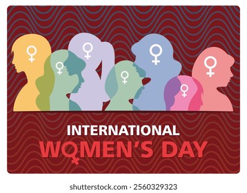 International Women's Day with colorful women's silhouettes and gender symbols. Symbolizes equality, diversity, empowerment, and unity. Women's Day concept. .