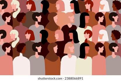 International Womens Day. community diverse culture side view Pattern women different nationalities and cultures illustration.