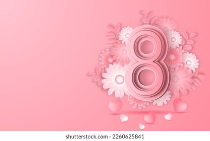 International Women's Day concept 8 March with beautiful pink and white flowers surrounding for poster or banner.
