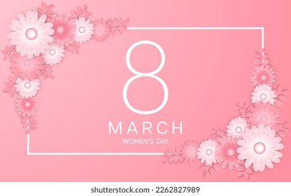 International Women's Day concept 8 March with beautiful pink and white flowers surrounding for poster or banner.
