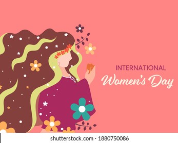 International Women's Day Concept With Cartoon Lady Character Decorated Floral On Red Background.