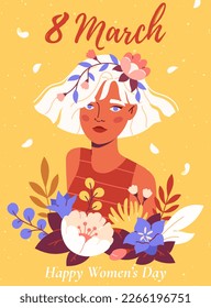 International Womens Day concept. Colorful poster with beautiful young girl surrounded by flowers and blooming plants. Design element for greeting card on March 8. Cartoon flat vector illustration