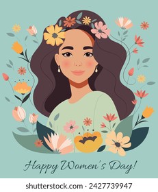 International Women's Day concept. A cute girl with a bright smile surrounded by a variety of colourful flowers. March 8. Flat vector illustration.