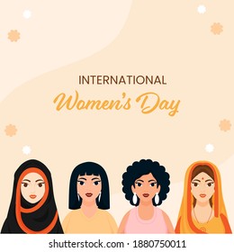 International Women's Day Concept With Different Religions Female Group On Beige Background.