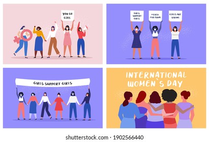 International Women's Day Concept with females holding banners. Feminism, Protest, Freedom, Equality. Vector