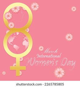 International women's day concept floral design. 8 march background. number eight with female symbol golden color. Vector illustration.