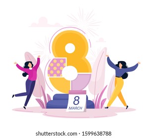 International Women's Day. Concept for Women's Day. Girls rejoice at the women's holiday, vector illustration in cartoon flat style.