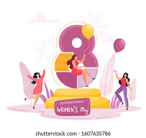 International Women's Day. Concept for Women's Day. Girls rejoice at the women's holiday, vector illustration in cartoon flat style. White background, lettering.