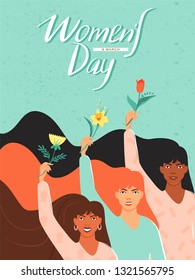 International Women's Day concept. Group of women different nationalities and cultures holding a flowers in their hands. Women empowerment. Vector illustration.