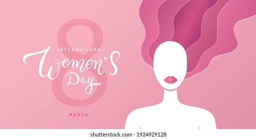 International Women's Day concept with handwritten calligraphic phrase and woman modern portrait on pink background. Banner with beautiful long-haired paper cut girl silhouette. - Vector