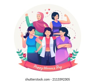 International Women's Day concept with happy smiling women in different poses and multinational diverse group. Flat style vector illustration