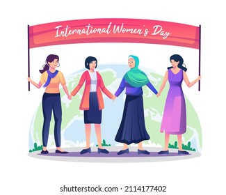 International Women's Day concept with happy diverse women standing together holding hands, Struggling for freedom, independence, equality. Flat style vector illustration