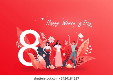  Concepto del Día Internacional de la Mujer con feliz celebración del Día de la Mujer por parte de diversas multinacionales. Luchando por la libertad, la independencia, la igualdad. Ilustración vectorial de estilo plano