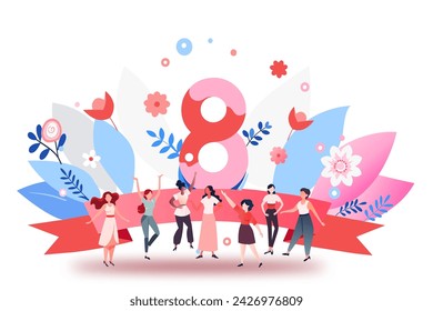 International Women's Day concept with happy multinational diverse women celebrate womens day. Struggling for freedom, independence, equality. Flat style vector illustration