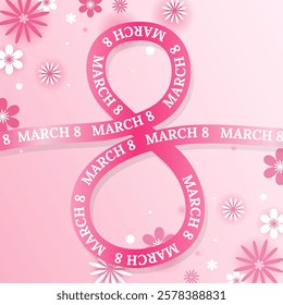 International Women's Day concept illustration.Pink ribbon forming the number eight with the text March 8, symbolizing International Women's Day. Floral decorations and soft enhance the design.Vector