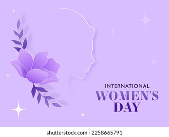 International Women's Day Concept With Paper Female Face, Floral On Pastel Purple Background.