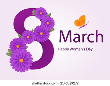 International Womens Day concept. Poster with purple number 8, beautiful flowers, butterflies and inscription. Design element for greeting card. Spring holiday. Cartoon realistic vector collection