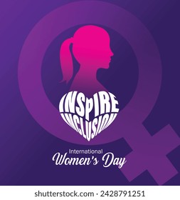 International women's day concept poster. Woman sign illustration background. 2024 women's day campaign theme- #InspireInclusion typo vector.