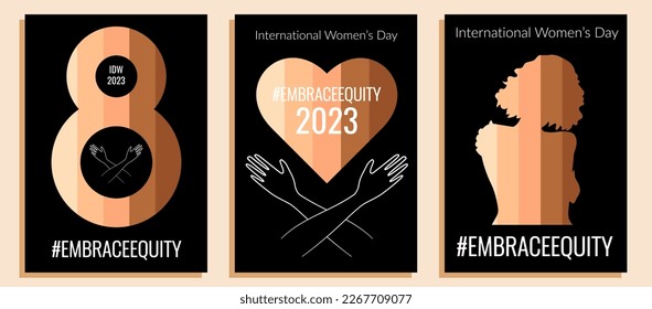 International Women's Day concept posters with multicultural symbolic. Embrace equity movement illustration backgrounds. 2023 women's day theme - Embrace Equity.