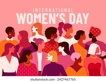 Concepto del Día Internacional de la Mujer Ilustración horizontal vectorial en estilo plano moderno de un gran grupo de mujeres multirraciales diversas. Aislado sobre fondo rosa