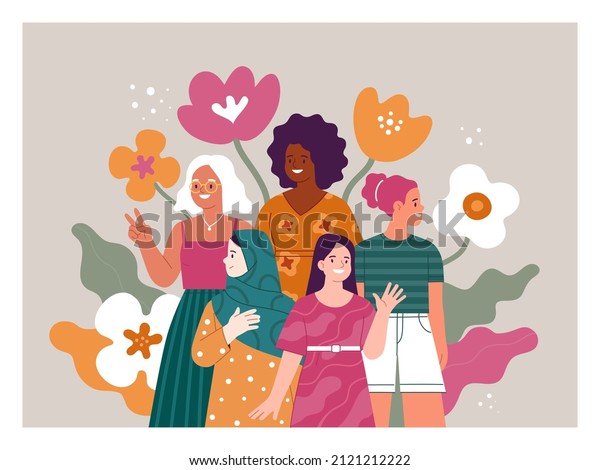 International Women\'s Day\
concept. Vector cartoon illustration of diverse smiling women of\
different nationalities, standing in front of abstract flowers.\
Isolated on\
background