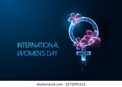 International Womens Day concept web banner with glowing female gender symbol decorated with flowers on dark blue background. Feminism, empowerment. Futuristic low-poly style vector illustration.