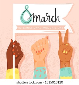 International Women's Day Concept. Woman Hands Showing Feminism Symbol And Their Power. Girl’s Hand Holding A Flag With Congratulations. Vector Illustration.