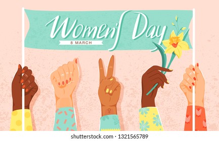 International Women's Day concept. Woman hands showing feminism symbol and their power. Girl’s hand holding a flag with congratulations and flowers. Vector illustration.